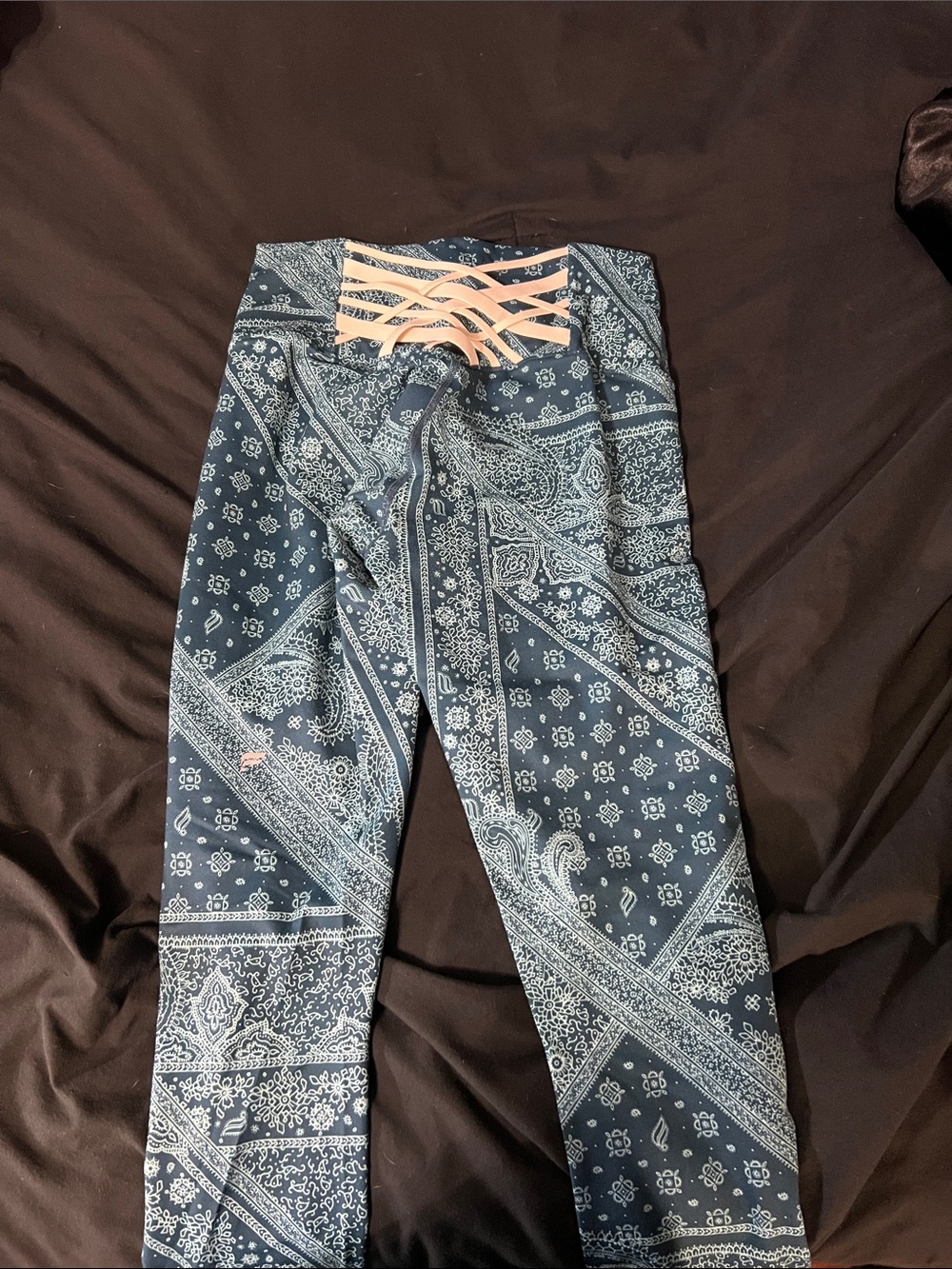 Fabletics Navy Blue Bandana Print Leggings with Peach Waist Detail